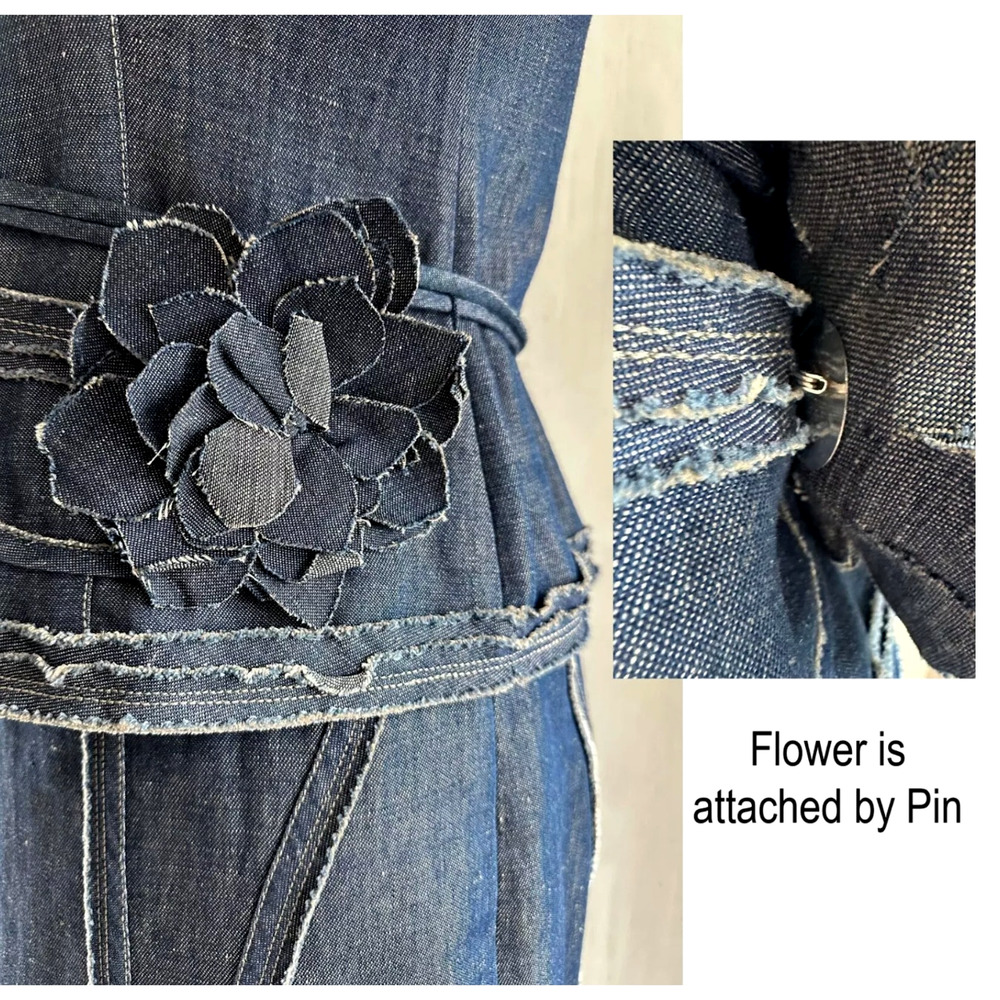 Neiman Marcus 10 Lida Baday Linen Denim 2 Piece Suit Set Jacket Skirt Flower Pin - Picture 10 of 15